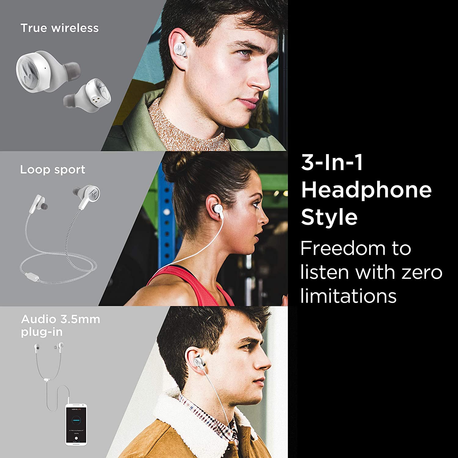 Motorola Tech 3 3 in 1 Smart True Wireless Headphones Cordless Earbuds Sport Wire Audio Plug in IPX5 Built in Microphone Magnetic Charging Case with Cable Storage System Platinum White