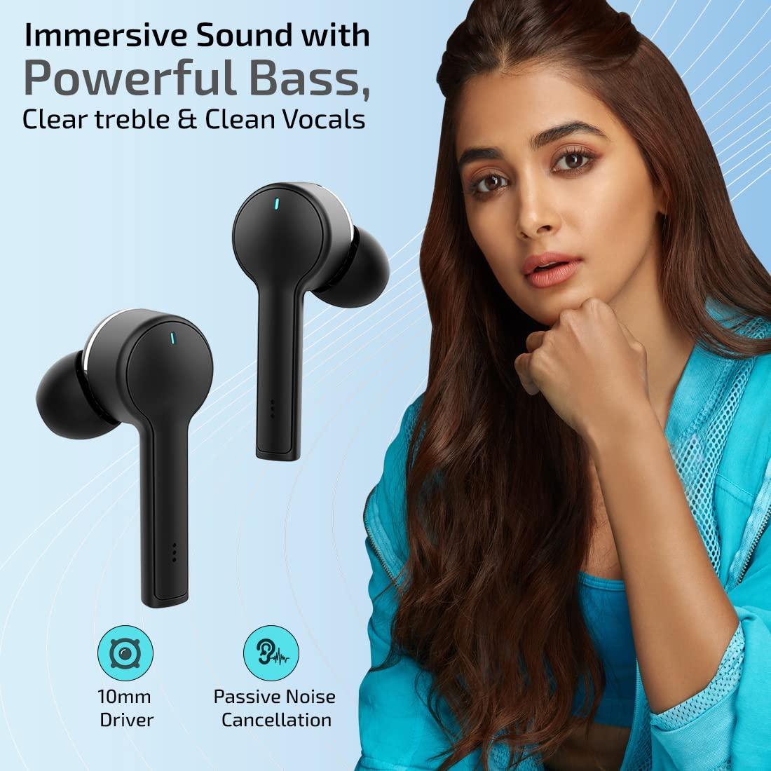 pTron Bassbuds Lite V2 Bluetooth 5.1 Wireless Headphone 20Hrs Total Playtime with Case Punchy Bass Touch Control HD Mic IPX4 Water Resistant Passive Noise Cancellation Voice Assistant Black