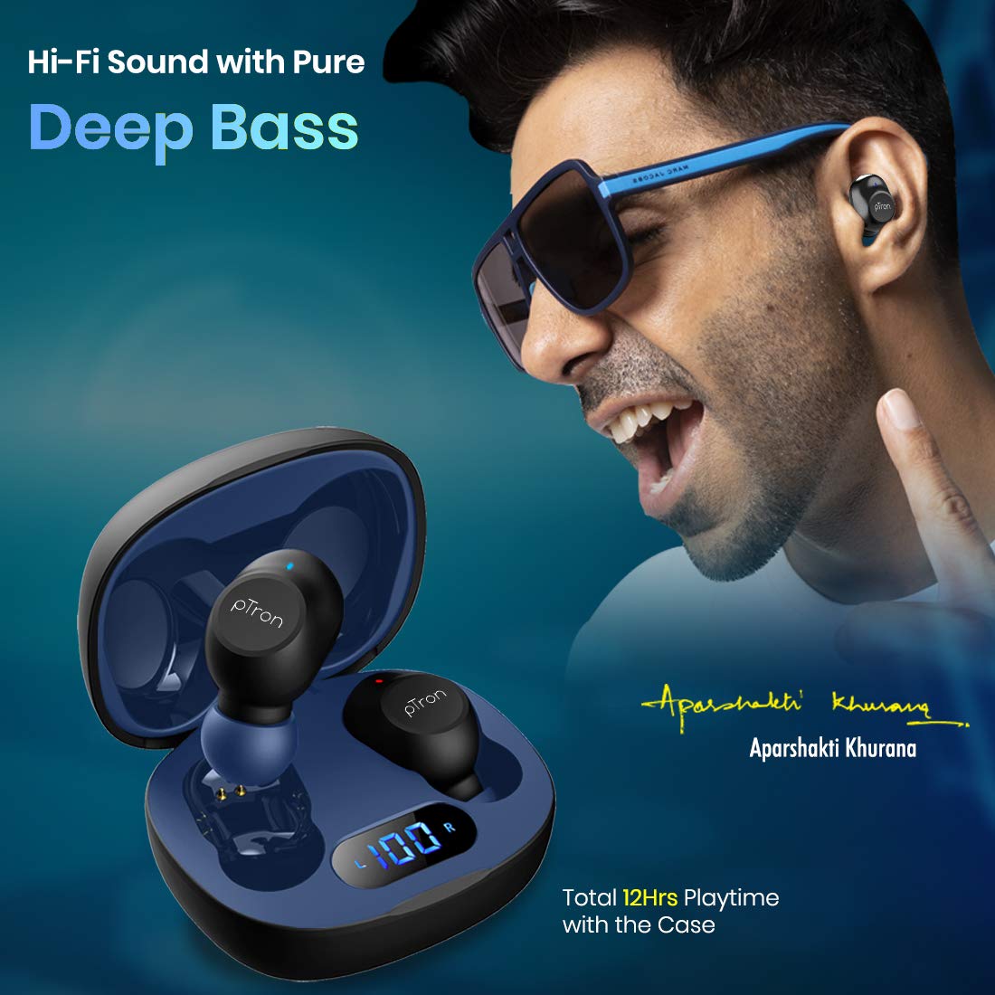 pTron Bassbuds Pro New in Ear True Wireless Bluetooth 5.1 Headphones with Deep Bass Low Latency Gaming Earphones Touch Control IPX4 Water Sweat Resistance Earbuds Built in Mic Black Blue