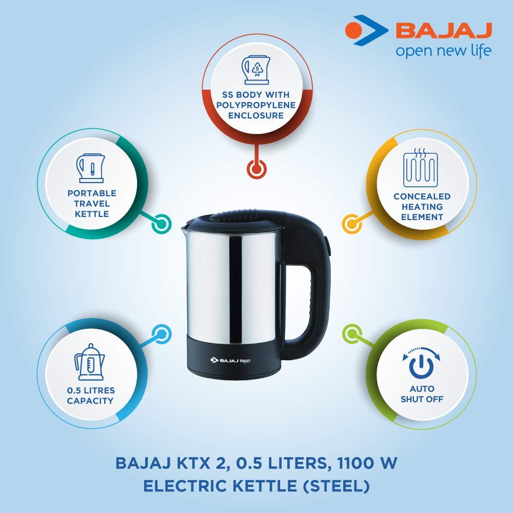 Bajaj Majesty KTX 2 0.5-Litre Travel Kettle (Black)