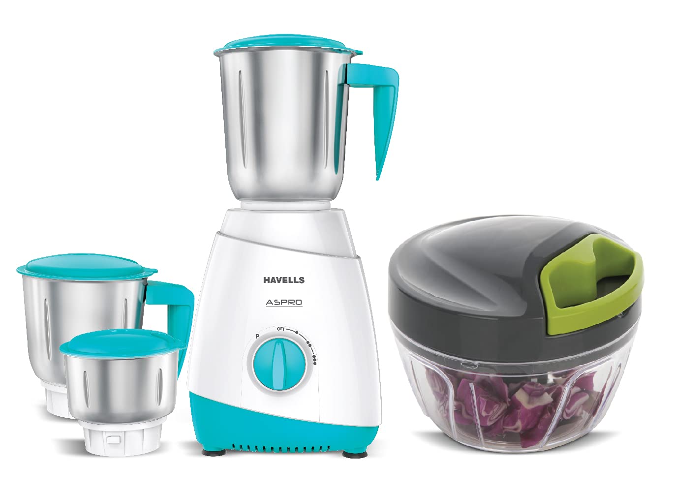 Havells ASPRO 500 Watt Mixer Grinder with 3 Stainless Steel Jar White Light Blue with 5 year motor warranty Havells Handy Mini Chopper with 3 Blades Grey Combo Pack