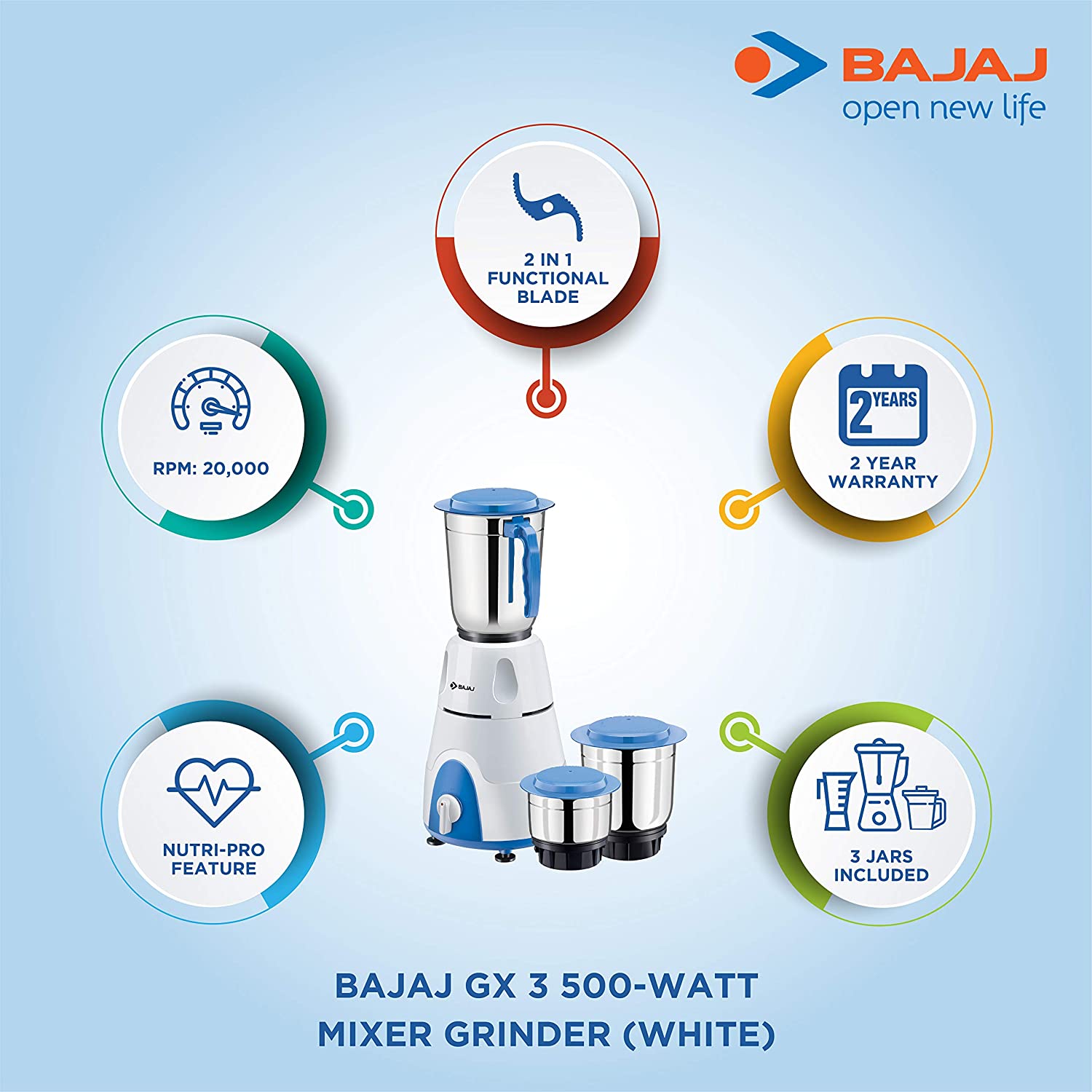 Bajaj Ion 500 Watt Mixer Grinder with 3 Jars (White)